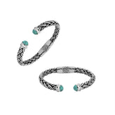 Handcrafted sterling silver bangle with Turquoise Shell and secure hinge lock made in Bali.